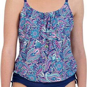 CARIBBEAN JOE BLUE PINK FLORAL RUCHED HIGH-CUT TANKINI 2-PC SET SIZE 12 NWT